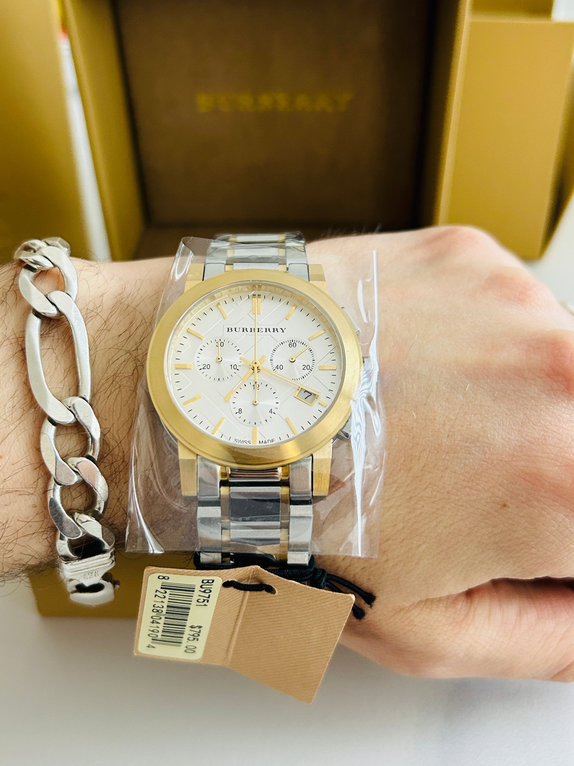 burberry montre homme chronographe bu9751 acier or set complet neuve