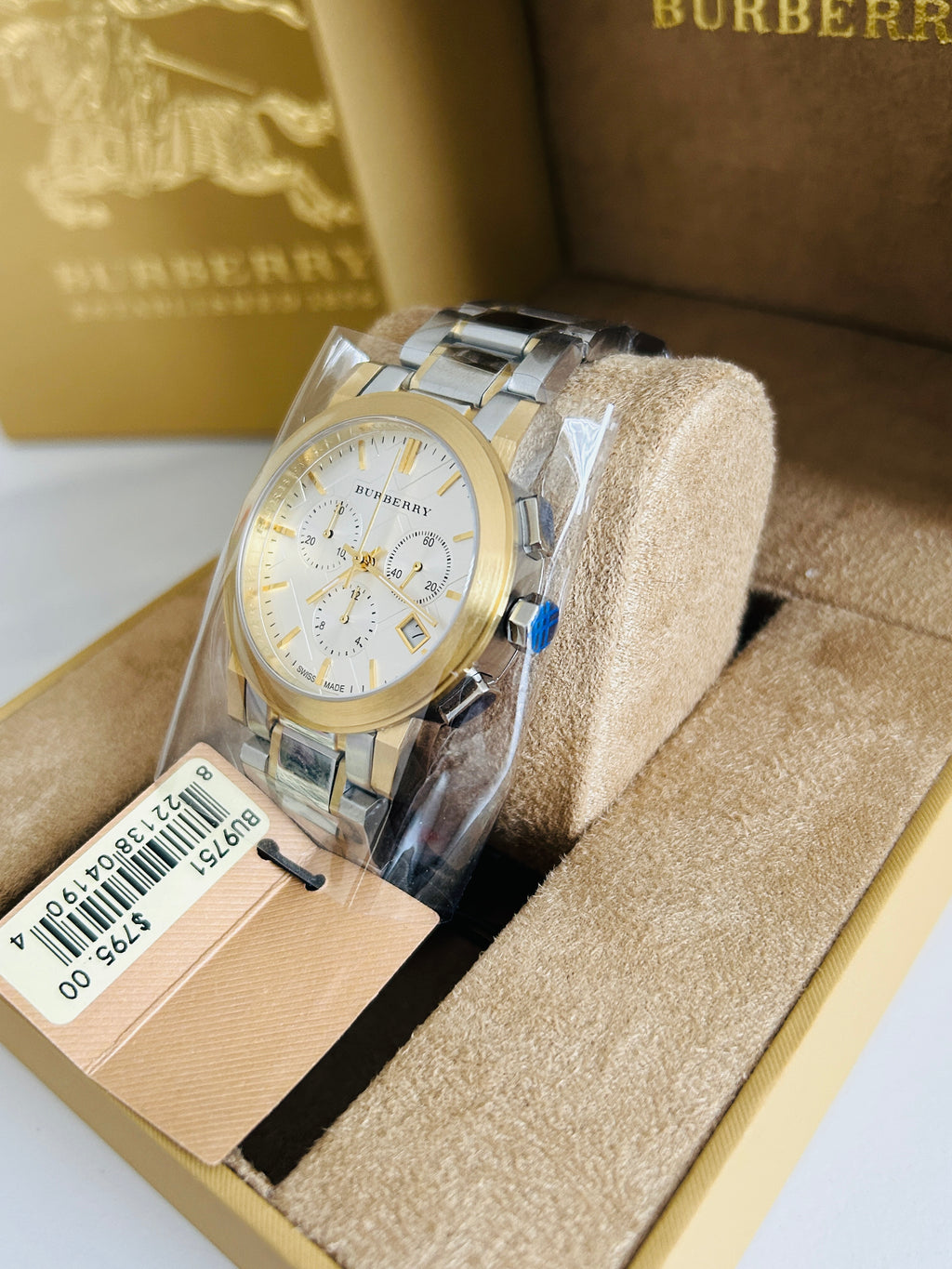 burberry montre homme chronographe bu9751 acier or set complet neuve