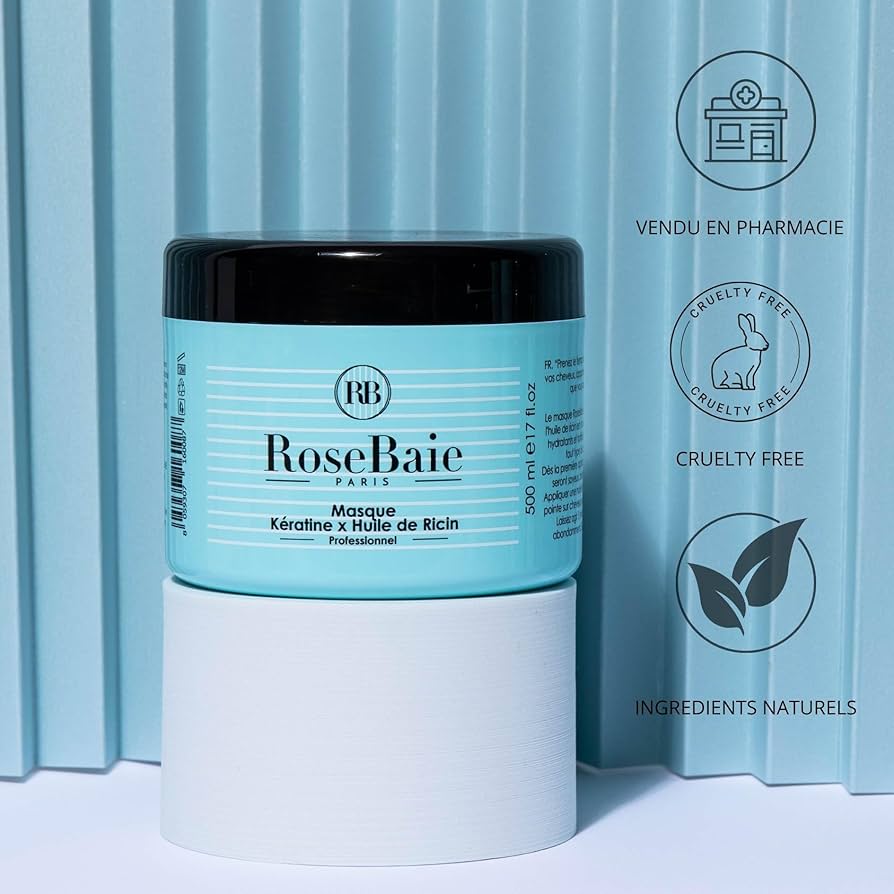 rosebaie paris kératine x huile de ricin shampooing + masque + sérum professionnel