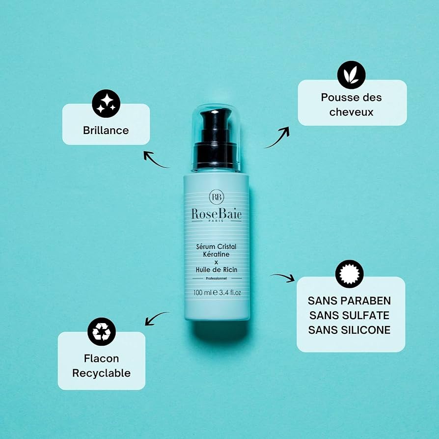 rosebaie paris kératine x huile de ricin shampooing + masque + sérum professionnel