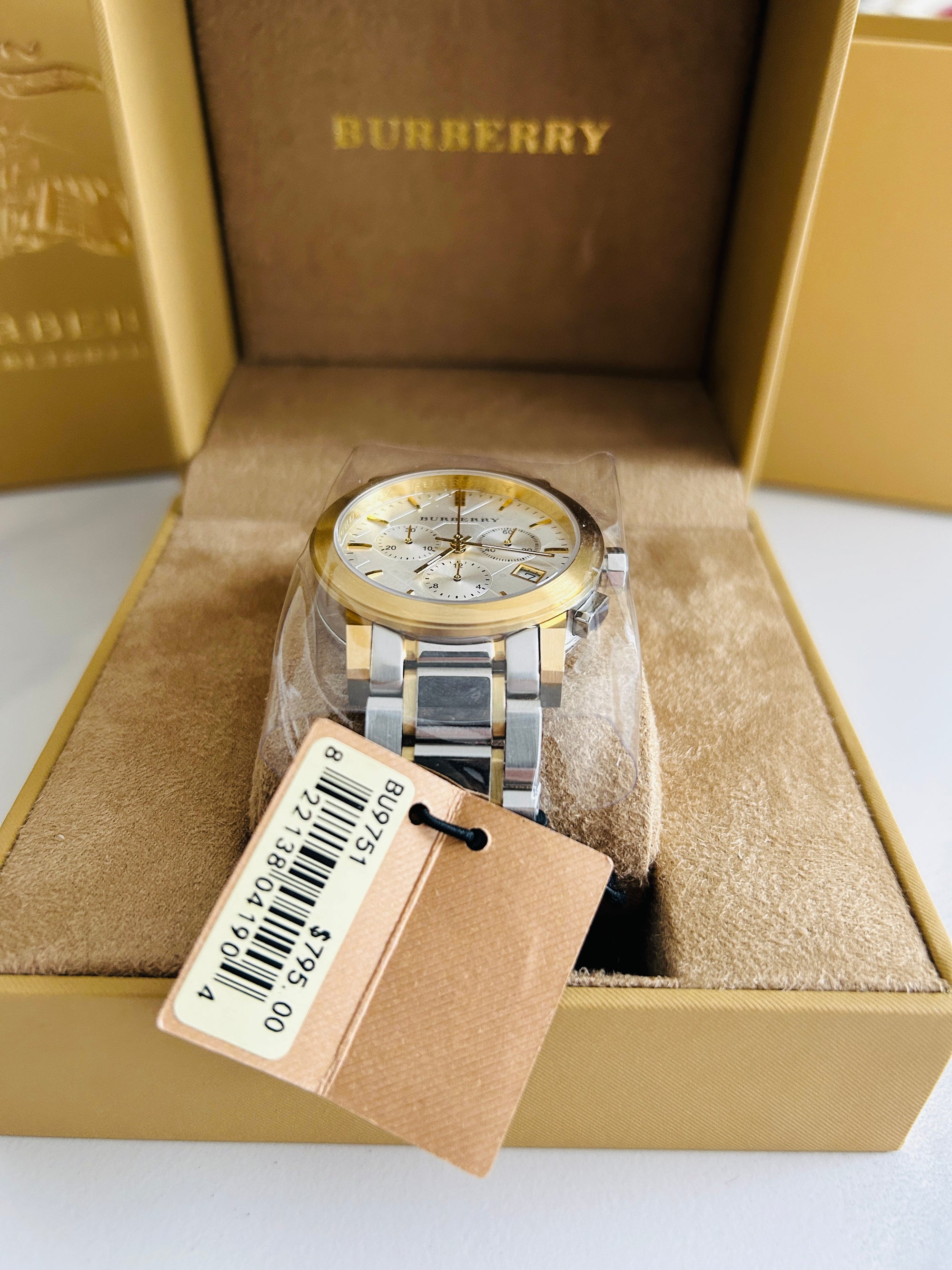 burberry montre homme chronographe bu9751 acier or set complet neuve