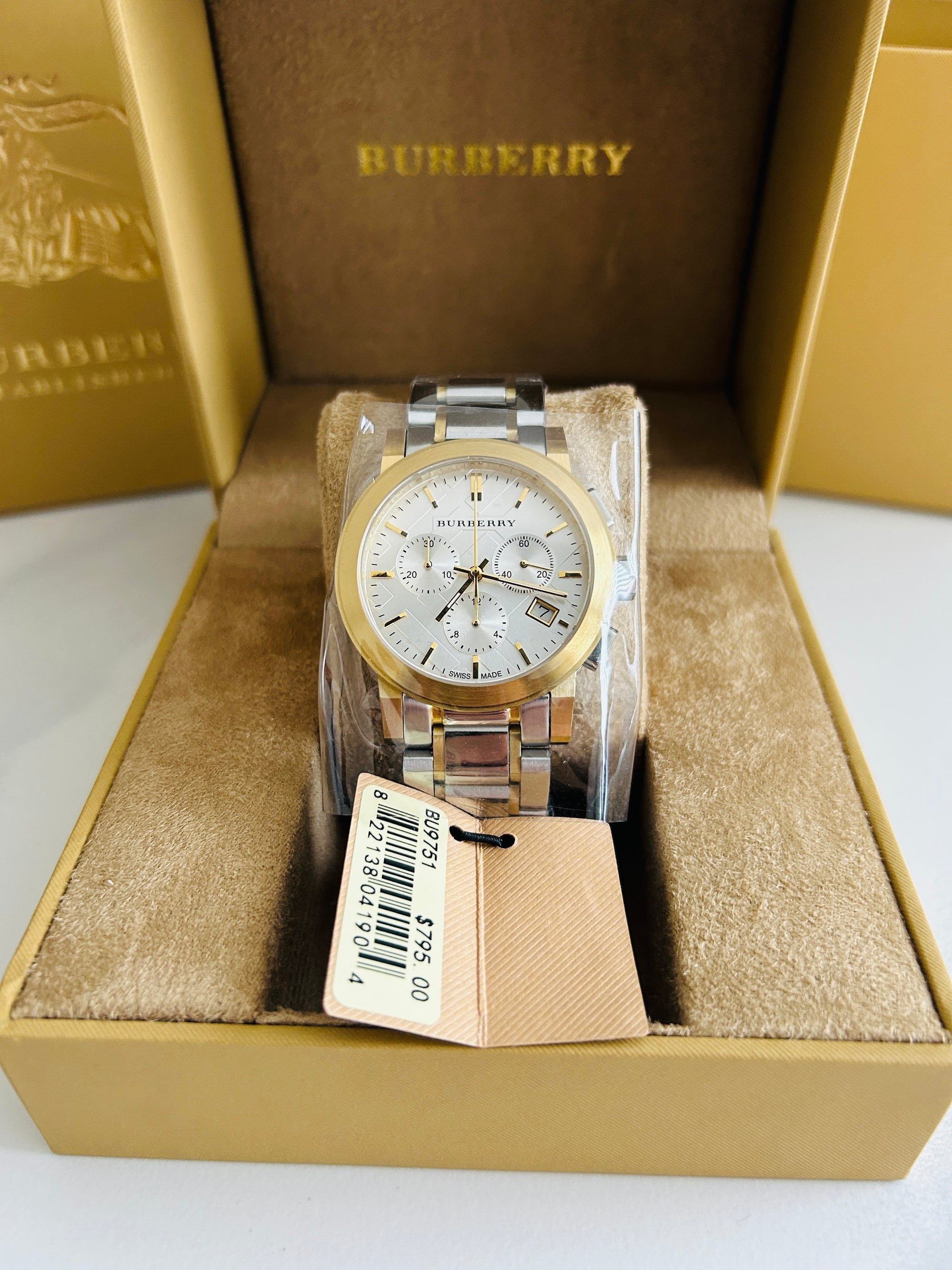 burberry montre homme chronographe bu9751 acier or set complet neuve
