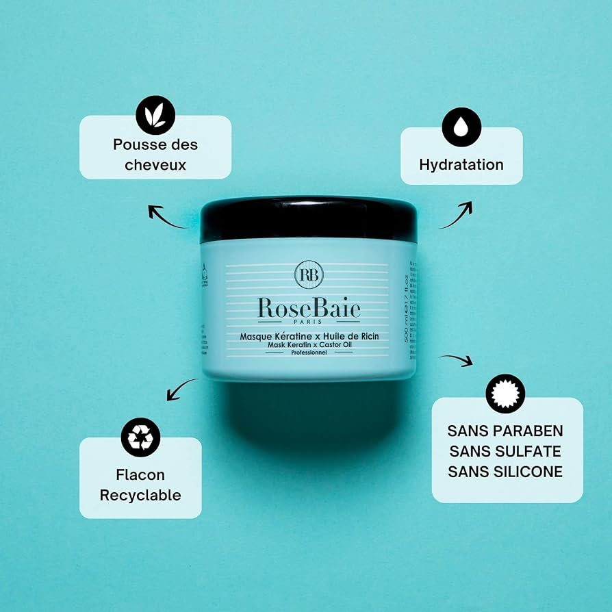 rosebaie paris kératine x huile de ricin shampooing + masque + sérum professionnel