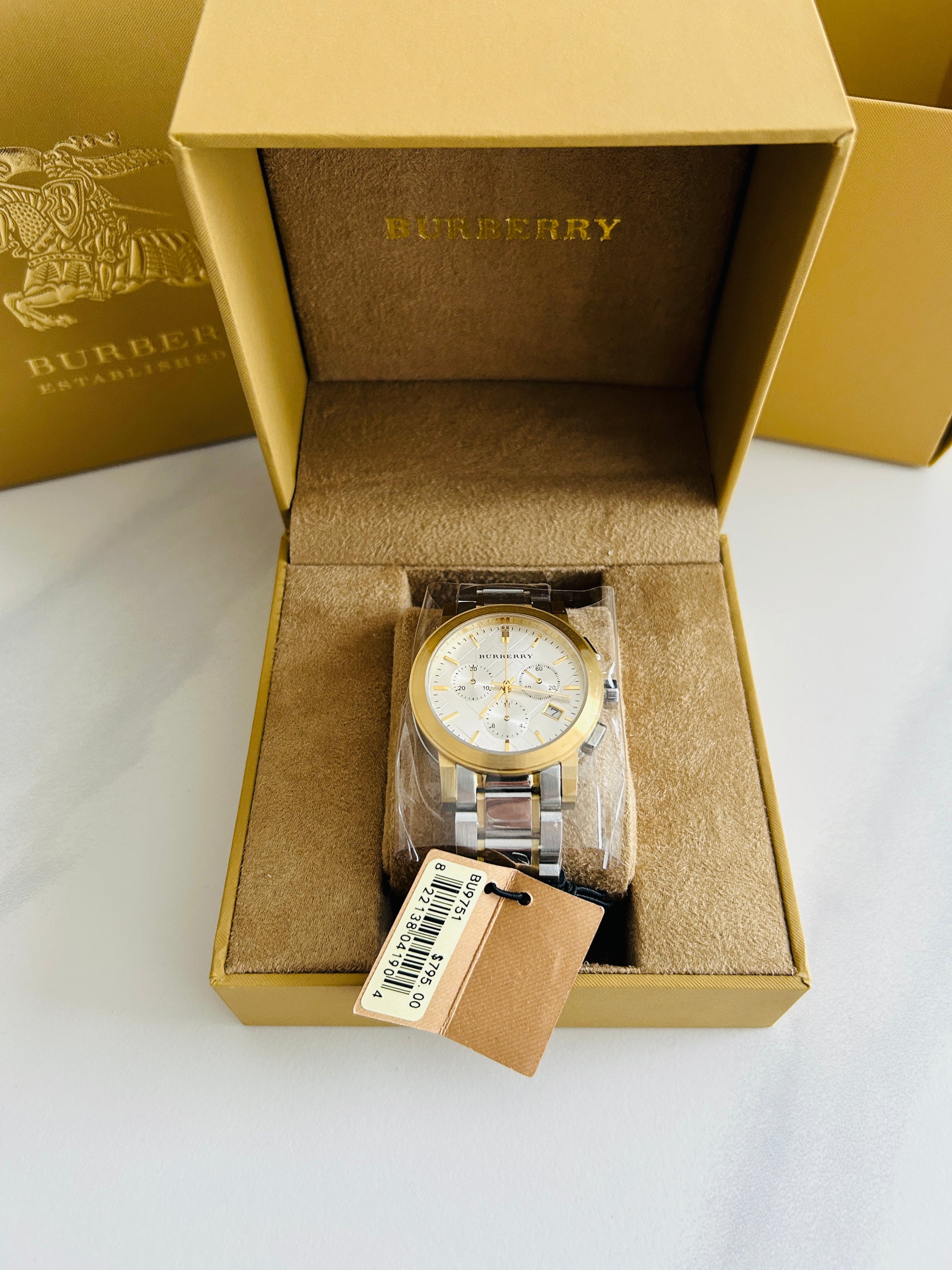 burberry montre homme chronographe bu9751 acier or set complet neuve