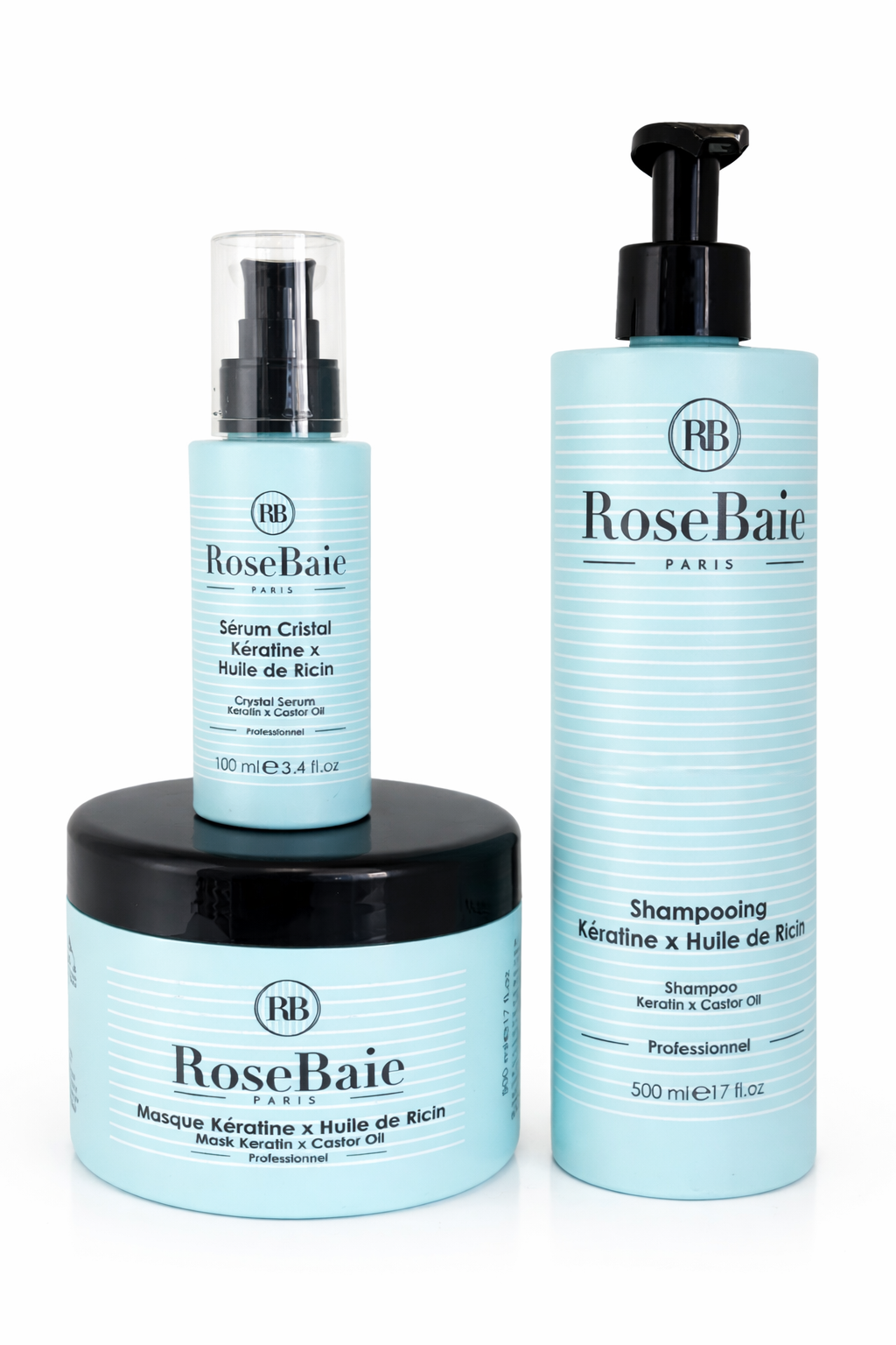 rosebaie paris kératine x huile de ricin shampooing + masque + sérum professionnel
