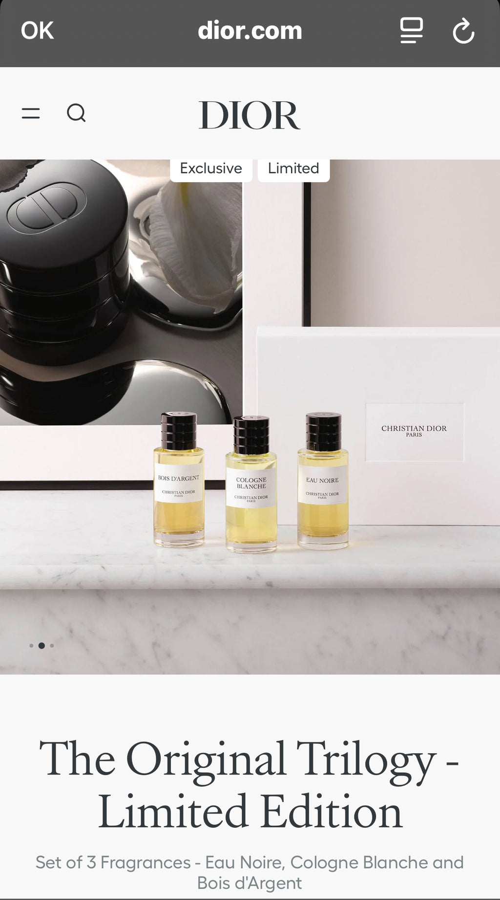 Coffret Dior Collection Privée Édition Limitée – Bois d’Argent, Cologne Blanche, Eau Noire