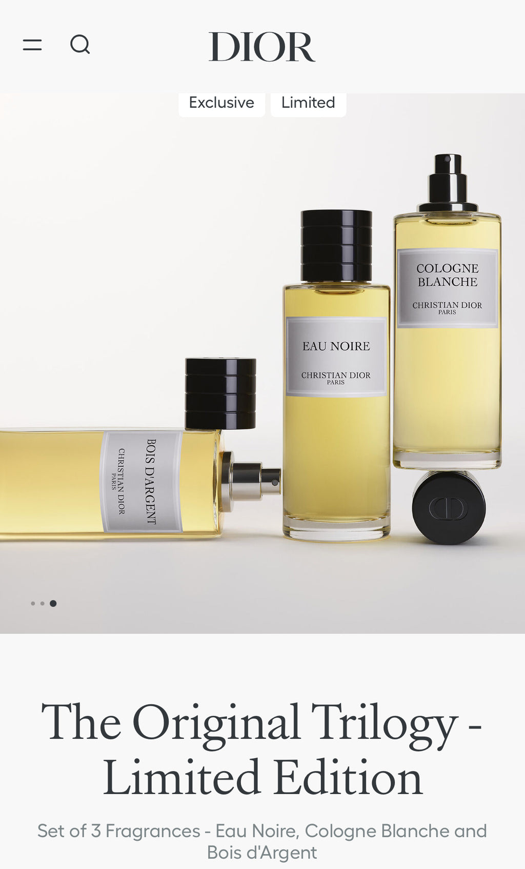 Coffret Dior Collection Privée Édition Limitée – Bois d’Argent, Cologne Blanche, Eau Noire